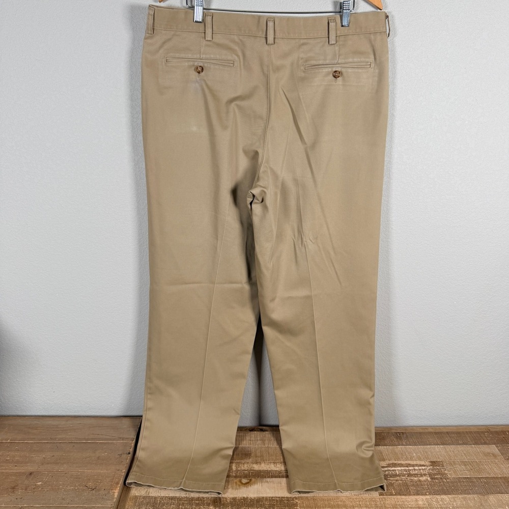 LL Bean Pleated Chino Pants Mens 38x34 Khaki Tan Front Classic Fit Cotton - Picture 2 of 8